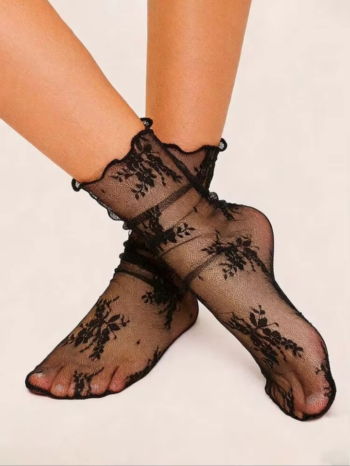 Women’s Sheer Floral Lace Ankle Socks – Elegant Transparent Mesh Crew Socks with Black Floral Pattern